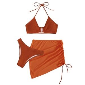 MakeMeChic Three Piece Bathing Suit Halter Ring Bikini With Cover Up Skirt Large